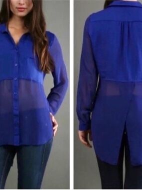 Free People Royal Blue Satin Half Sheer High Low Button Up Blouse w/ Split Back